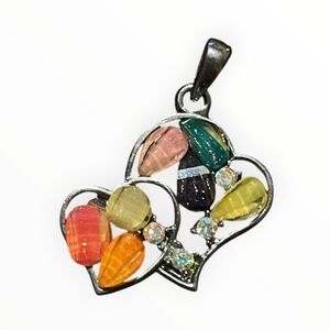 Vintage Silver Tone Multi Color‎ Stone Double Heart Necklace Pendant no chain